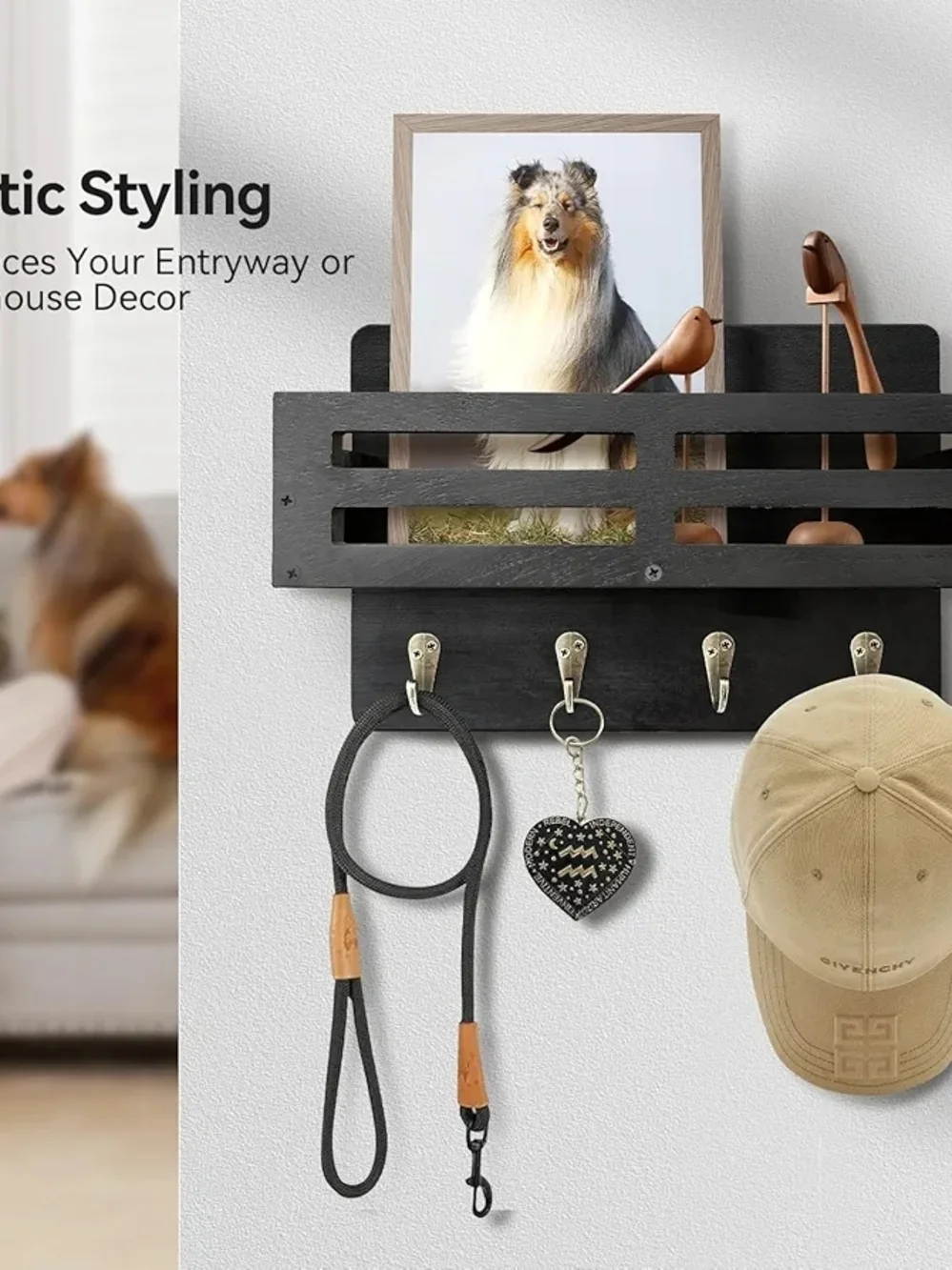 Wall-Mounted Mail & Key Organizer Rack in Black